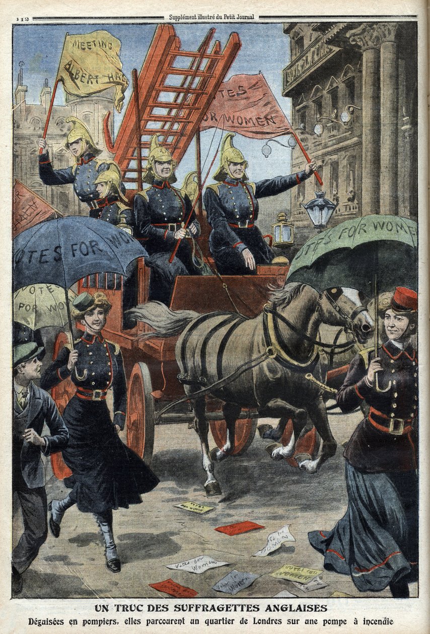 Les suffragettes anglaises déguisées en pompiers, tiré de « Le Petit Journal », 3 avril 1910 (gravure) - French School