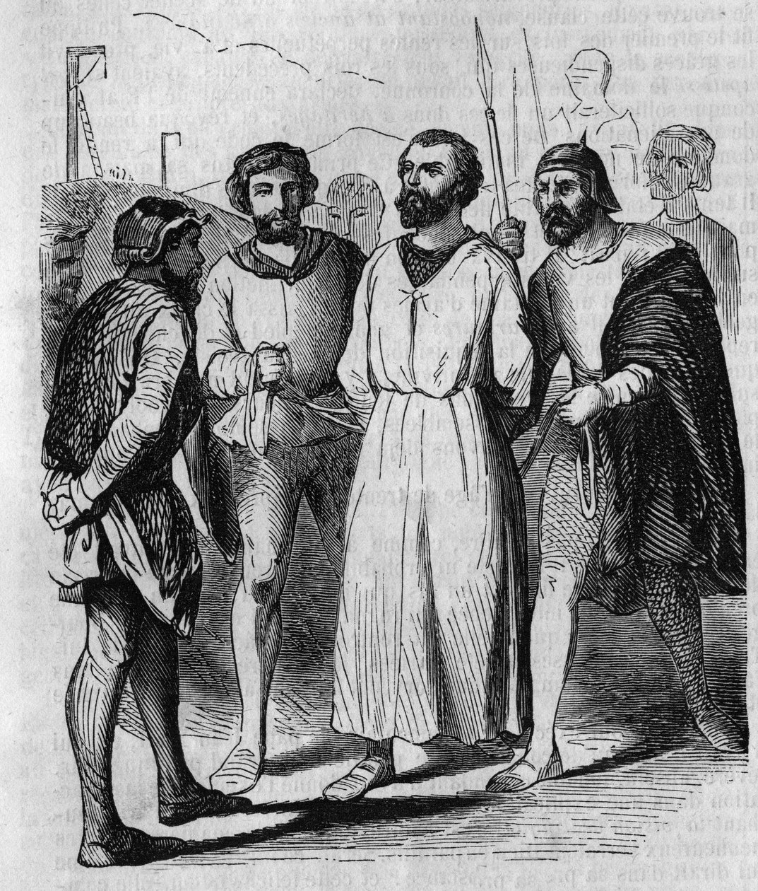 Enguerrand de Marigny chambellan et ministre du roi Philippe IV le Bel marchant vers la torture en 1315. Gravure du 19ème siècle. - French School