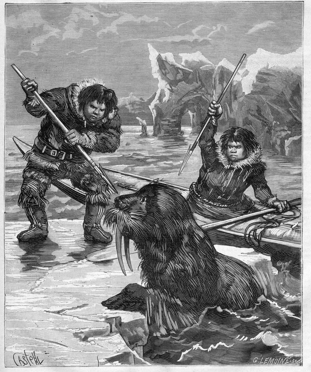 Esquimaux - pêche au morse - Esquimaux - pêche au morse en 1888 - gravure dans "Journal des Voyages" 1888 - French School