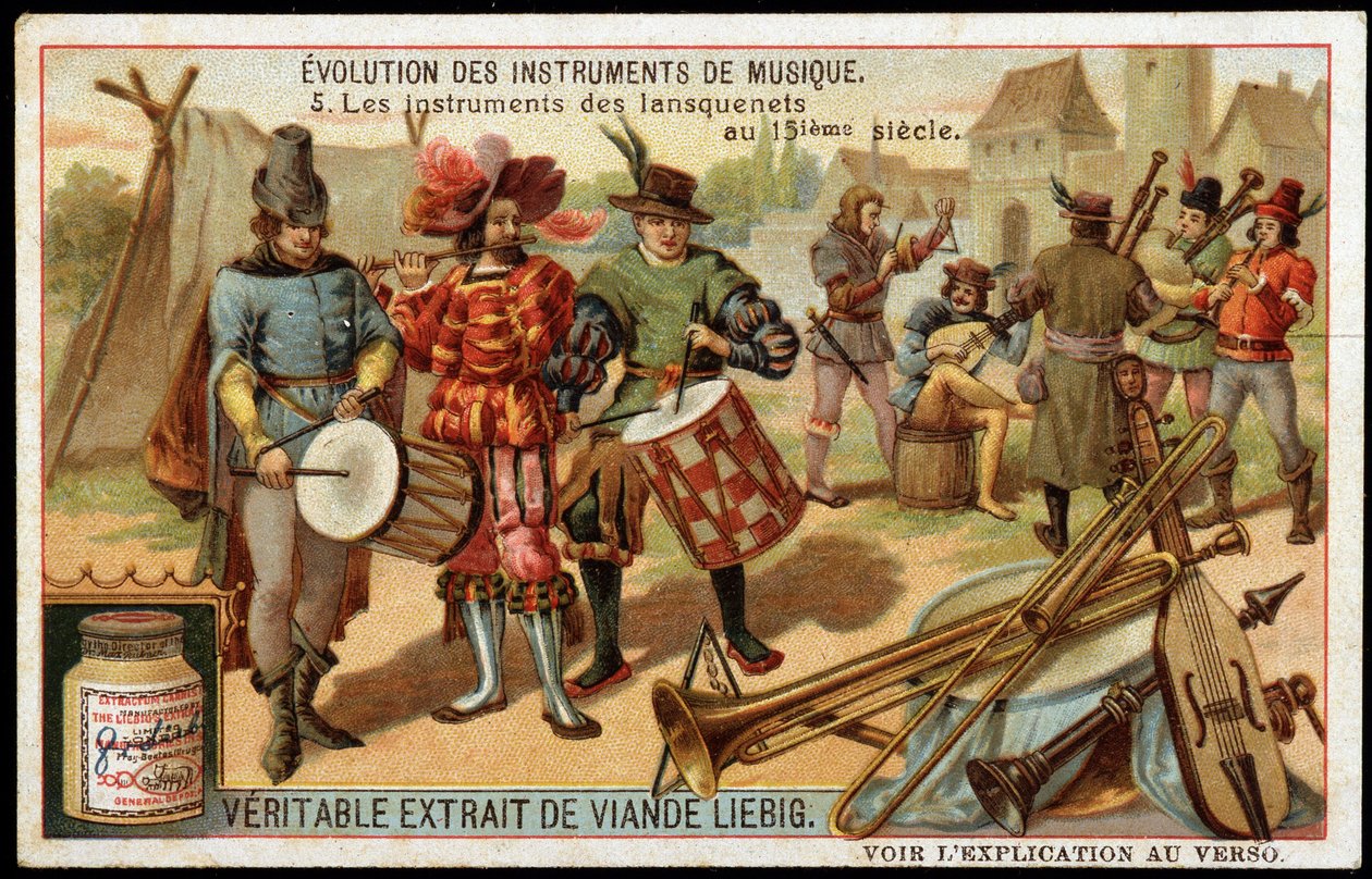 Évolution des instruments de musique : Les instruments des lansquenets au XVe siècle. Tambour militaire, flûte, triangle, trompette, une sorte de cornemuse et autres instruments à cordes. Chromolithographie Liebig de la fin du XIXe siècle. - French School