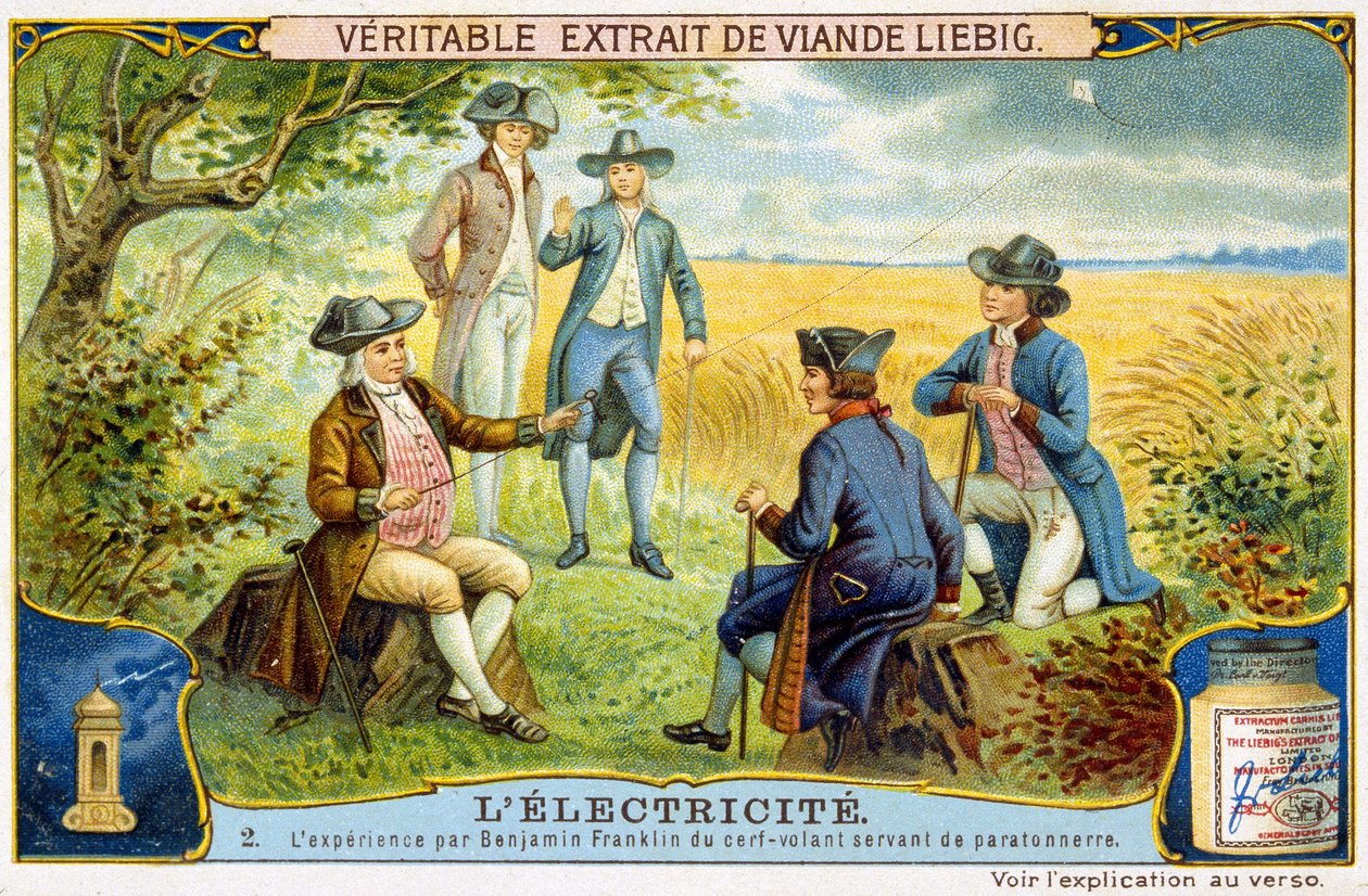 Expérience de Benjamin Franklin avec des cerfs-volants utilisés comme paratonnerre - autocollant publicitaire Liebig - French School