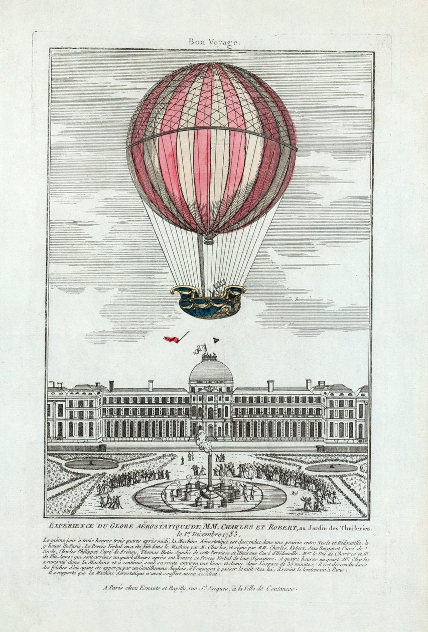 Expérience du globe aérostatique de MM. Charles et Robert au Jardin des Tuileries le 1er décembre 1783, pub. 1783 - French School