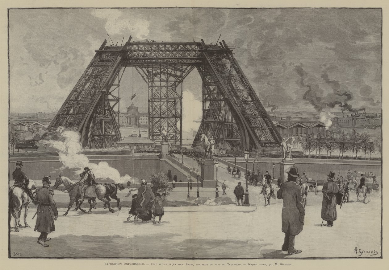 Exposition Universelle, Etat actuel de la tour Eiffel, vue prise du parc du Trocadero (engraving) - French School