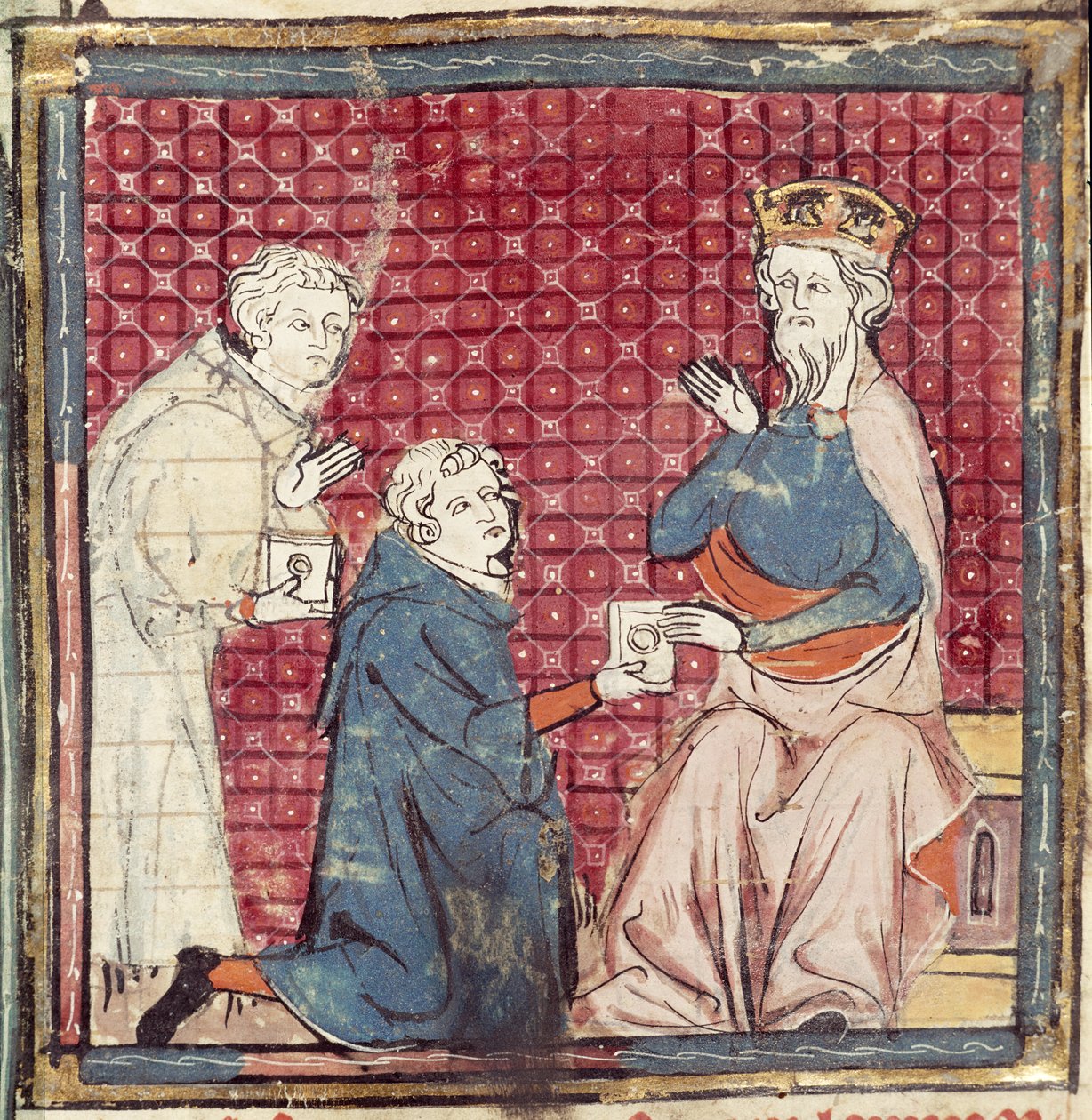 F.117r Messagers annonçant à Charlemagne la victoire sur les Sarrasins, des Grandes Chroniques de France, 1375-79 - French School
