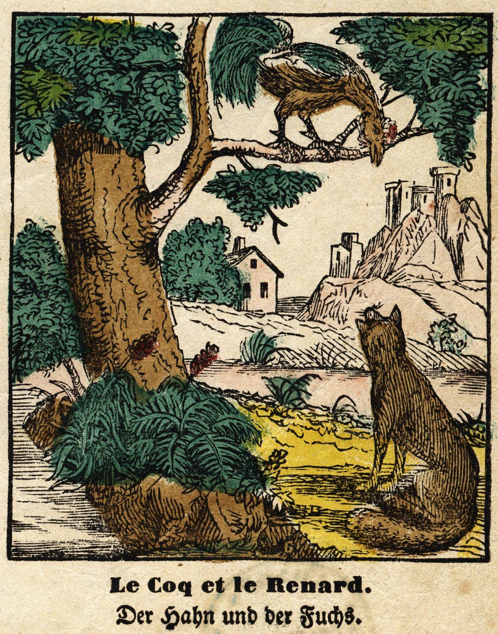 Fables de La Fontaine le coq et le renard. Image d Epinal premiere moitie du XIXe siecle