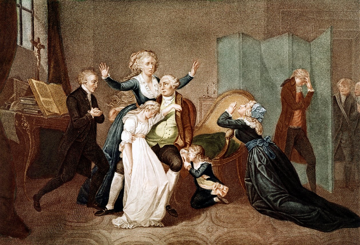 Adieux de Louis XVI à sa famille au Temple, le 20 janvier 1793 - Le dernier entretien de Louis XVI avec sa famille (Marie-Antoinette et leurs enfants Marie-Thérèse ou Madame Royale (1778-1851) et Louis XVII (1785-1795), la veille de son exécution au Temple - French School
