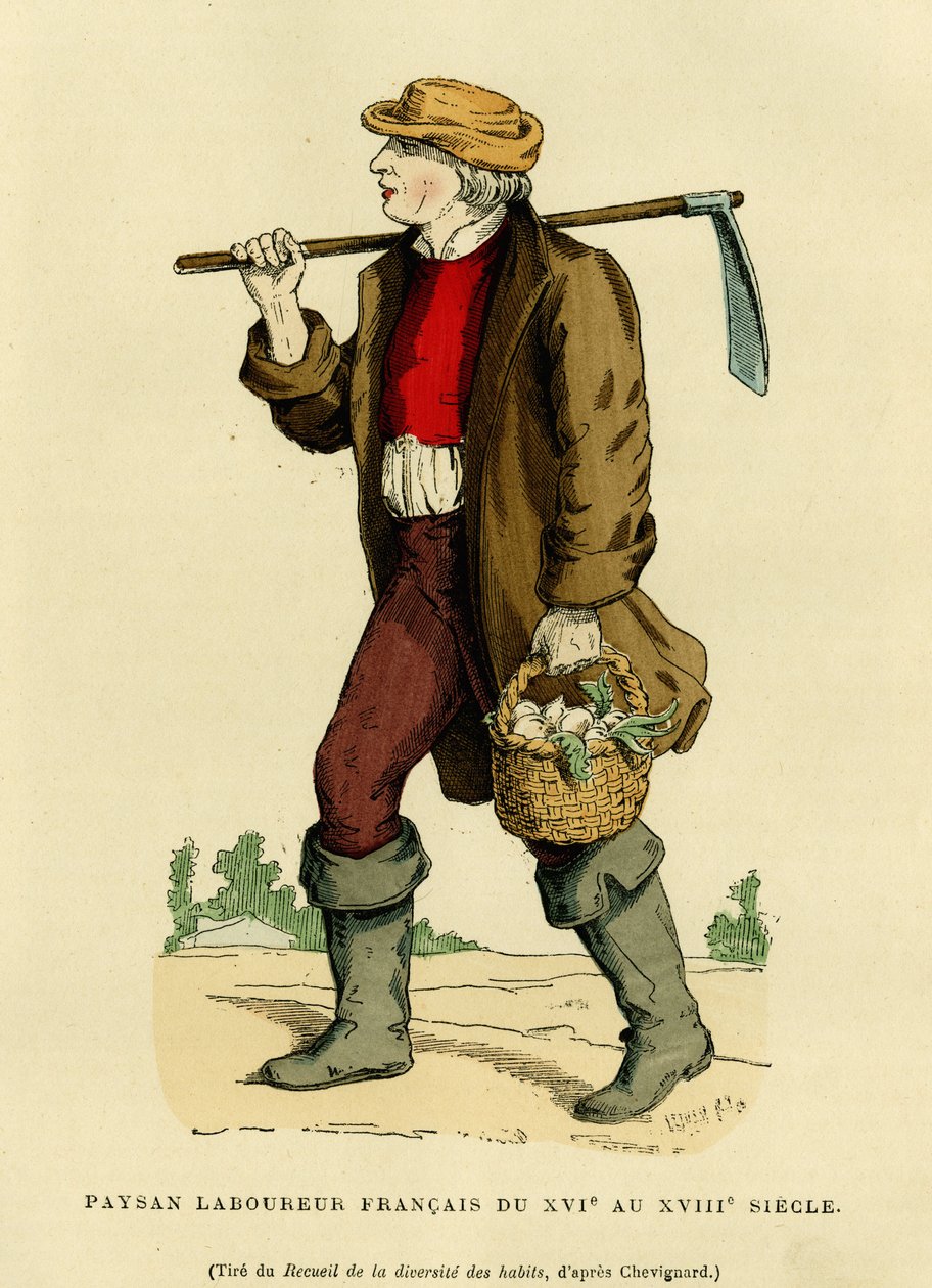 Costume de fermier du XVIIe au XVIIIe siècle. Gravure en couleur d