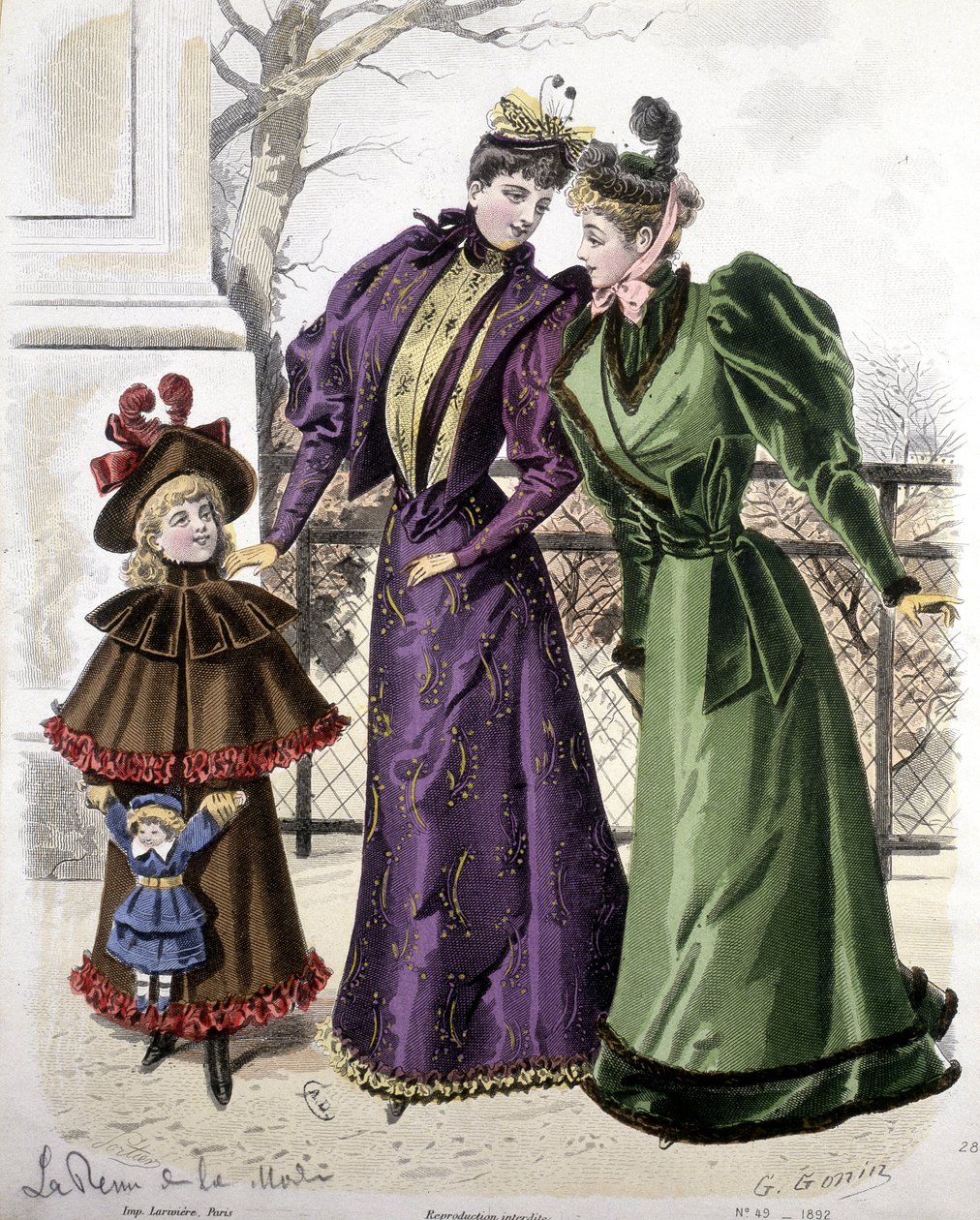 Mode : 2 femmes et une fille tenant une poupée. 1892 - French School
