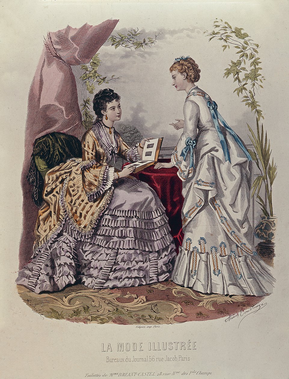 Planche de mode montrant des dames en robes conçues par Mme Breant-Castel et regardant des albums photos, 1872 - French School