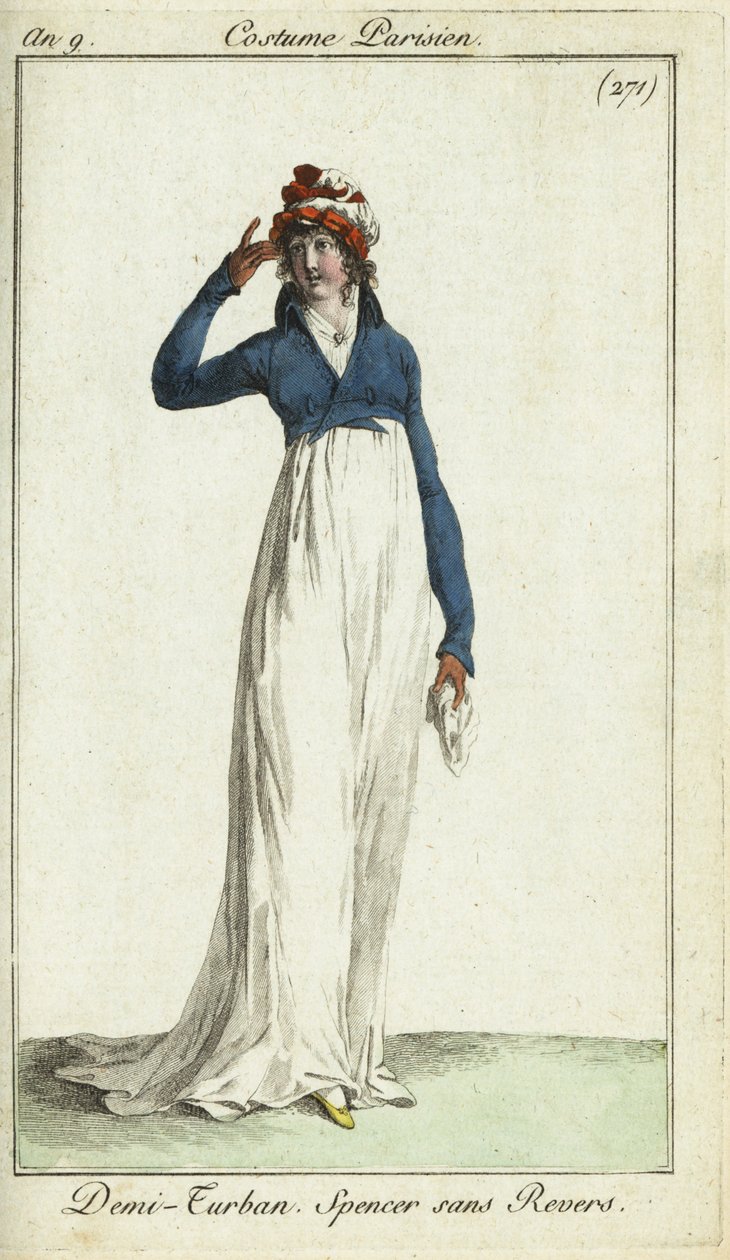 Femme à la mode avec un demi-turban et une veste spencer - French School