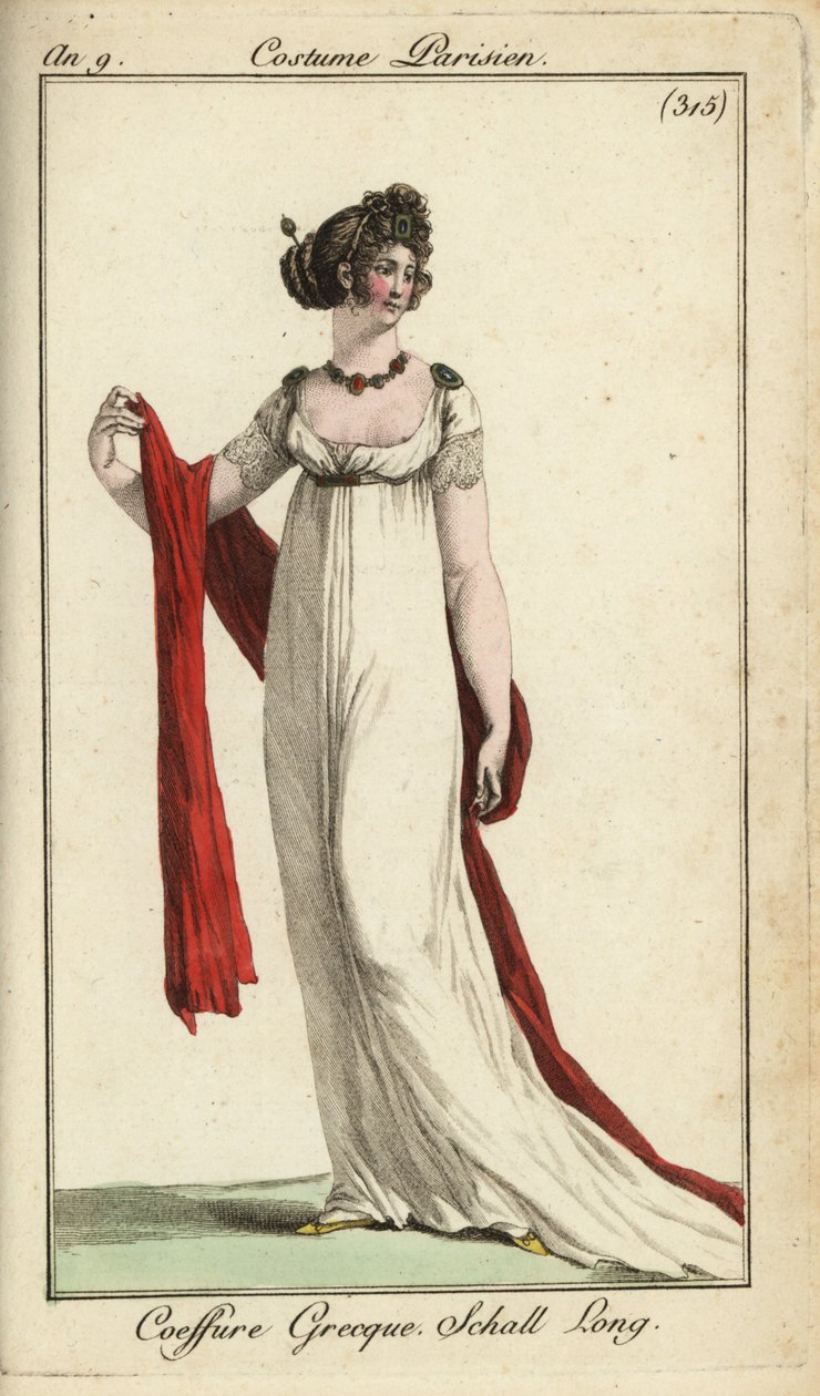 Femme à la mode ou Merveilleuse avec coiffure grecque ancienne - French School