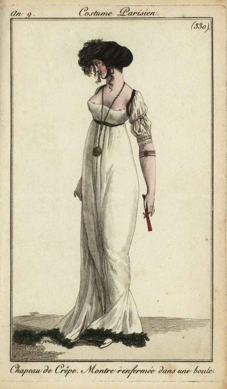 Femme à la mode ou Merveilleuse avec chapeau en crêpe - French School
