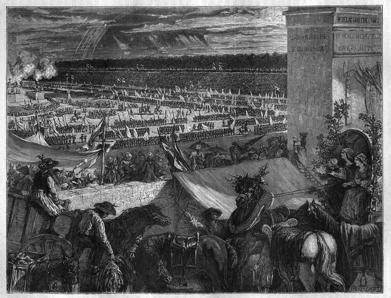 Fête de la Fédération au Champ de Mars à Paris pour le premier anniversaire de la prise de la Bastille le 14 juillet 1790. Gravure dans "Histoire des papes-rois-reines-et-empereurs à travers les siècles" par Maurice Lachatre - French School