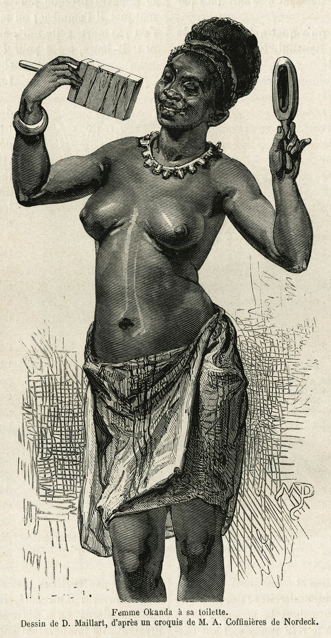 Femme Okanda faisant sa toilette, dessin de D. Maillard, pour illustrer le récit d