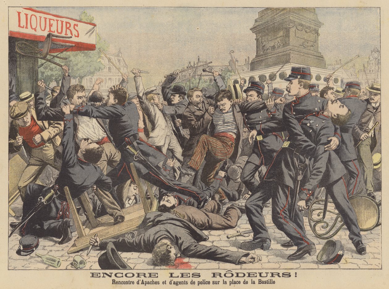 Combat entre les Apaches et la police sur la place de la Bastille à Paris (lithographie couleur) - French School