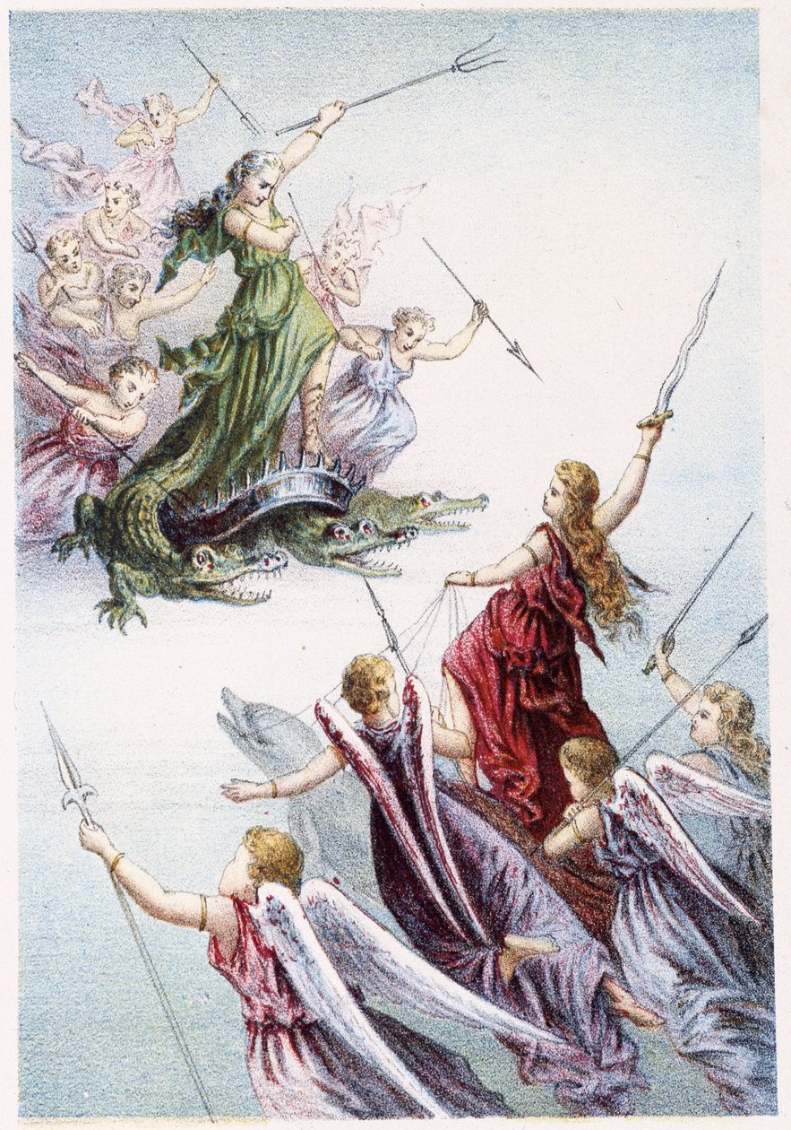 Combat entre les esprits du mal et les bons esprits de la mer - dans "Voyage au fond de la mer" par H. de la Blanchère. Paris, éd. Jouvet et Cie, sd. 1880 - French School