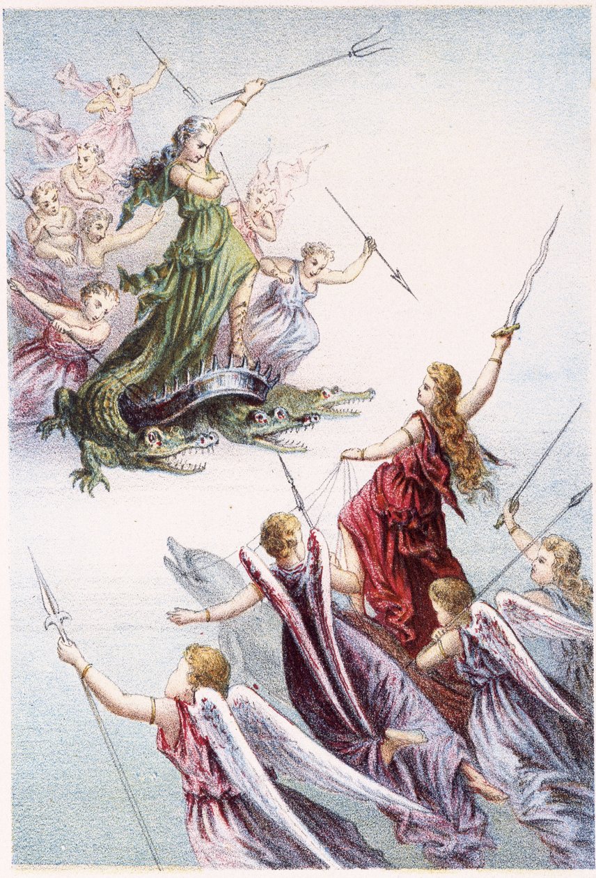 Combat entre les esprits du mal et les bons esprits de la mer - dans "Voyage au fond de la mer" par H. de la Blanchère. Paris, éd. Jouvet et Cie, sd. 1880 - French School
