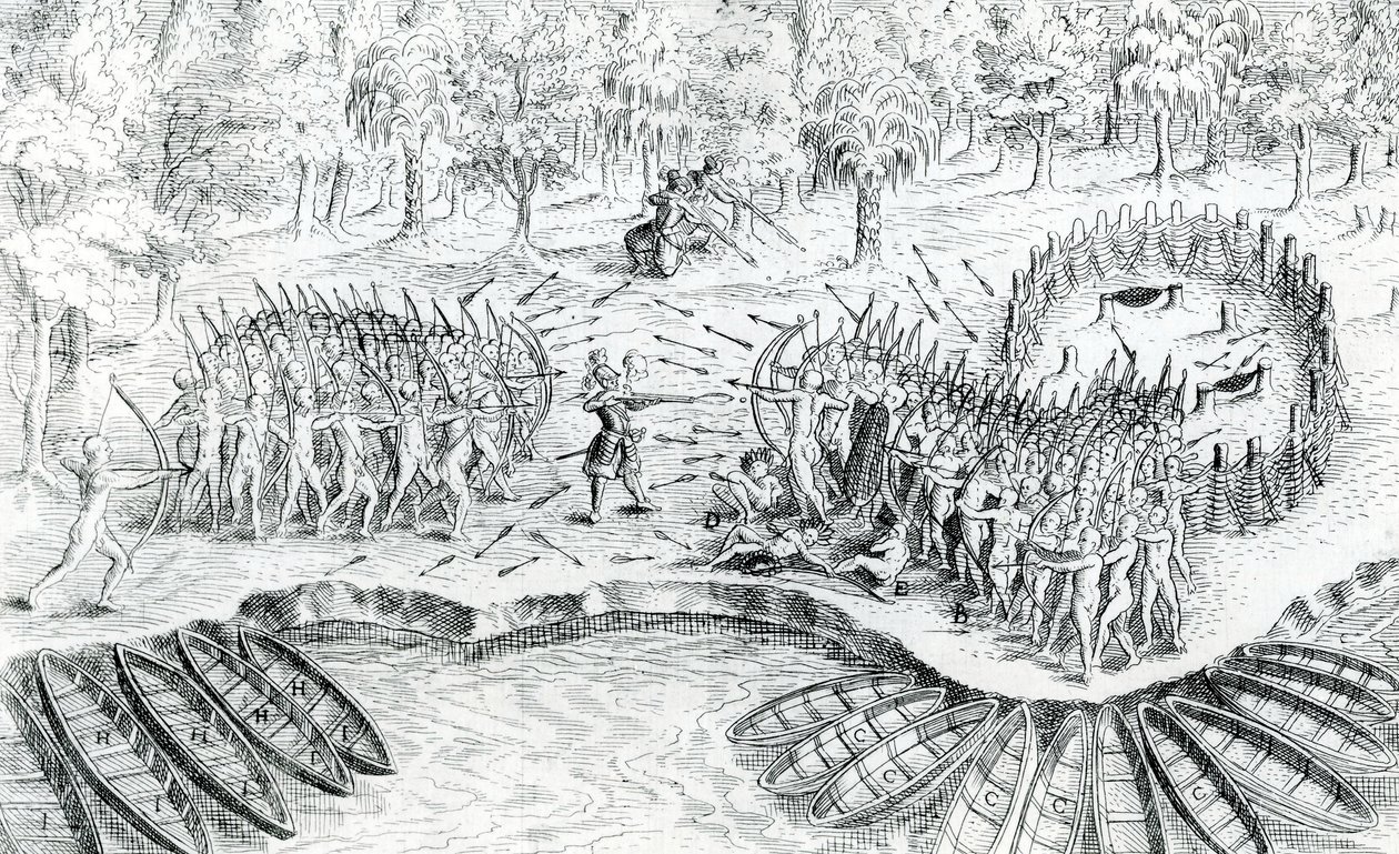 Combat des Hurons, tiré du Voyage de Champlain en 1624 par Samuel de Champlain - French School