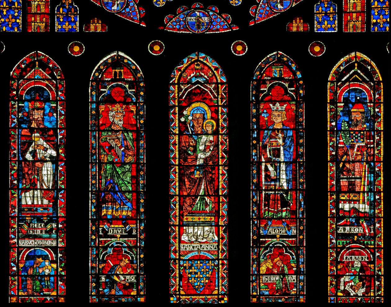 Figures sous la rosace nord : Melchisédek, David, Sainte Anne, Salomon, Aaron et scènes - French School