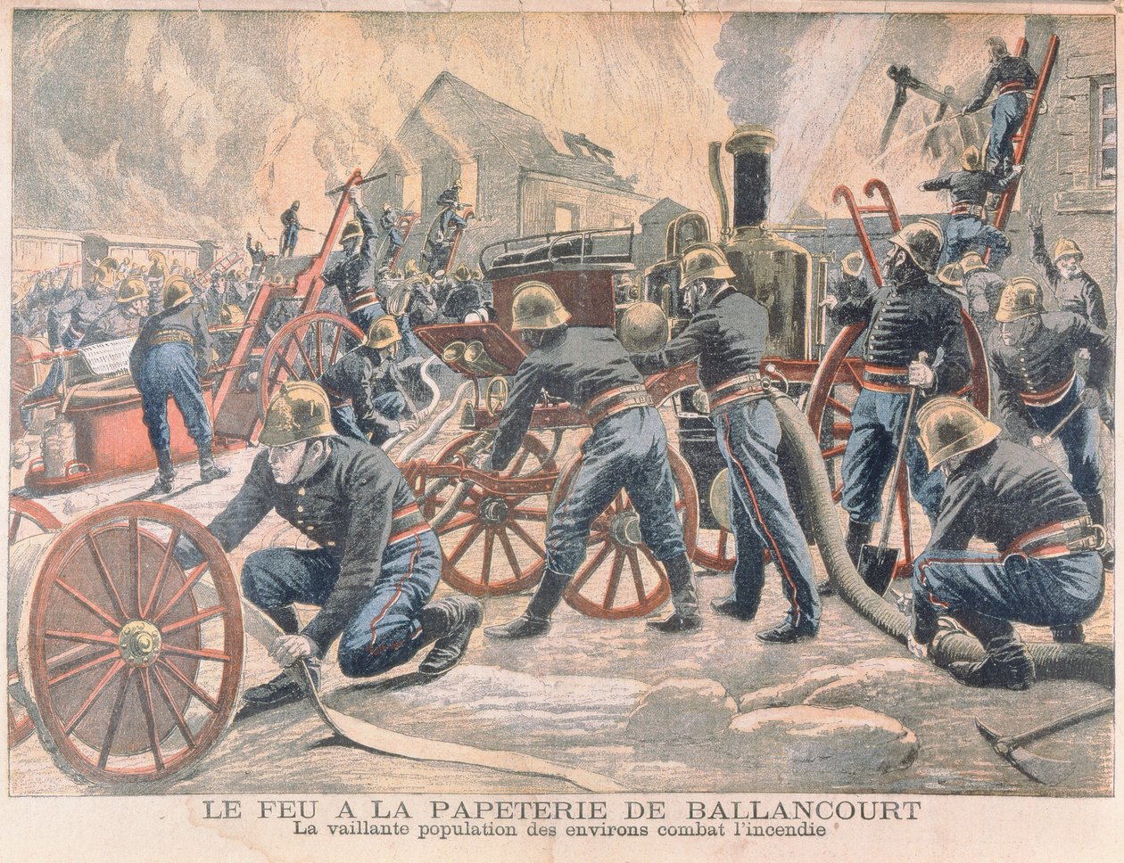 Pompiers combattant un incendie dans une papeterie à Ballancourt, de Le Petit Journal, 1905 - French School