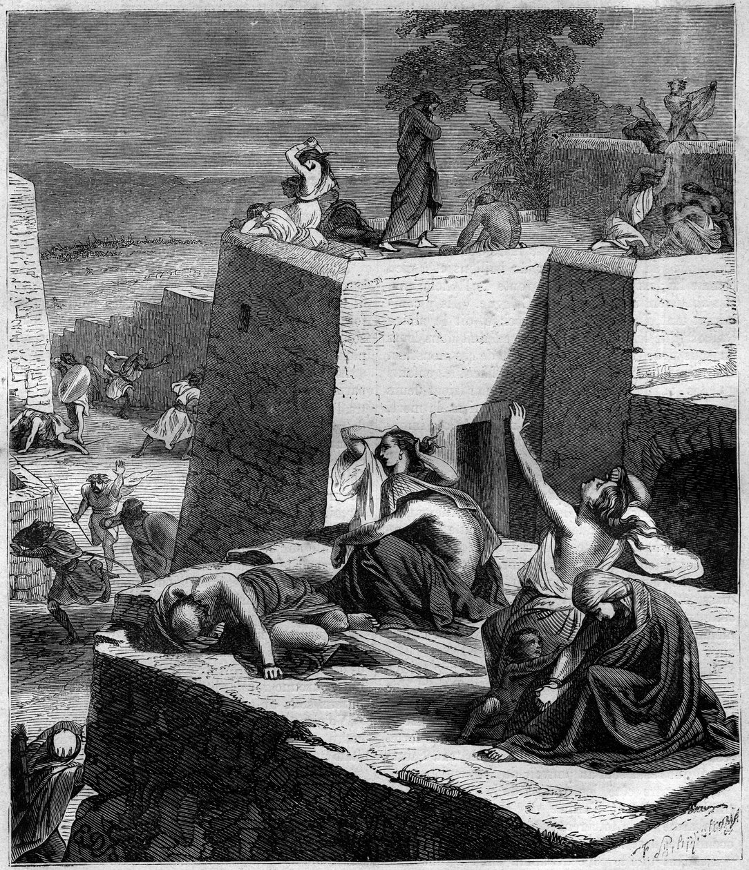 Première Croisade (1096-1099) : Les Croisés allemands écrasent les Hongrois et incendient les villes. Gravure dans « Histoire des Papes-Rois-Reines et Empereurs à travers les siècles » par Maurice Lachatre - French School