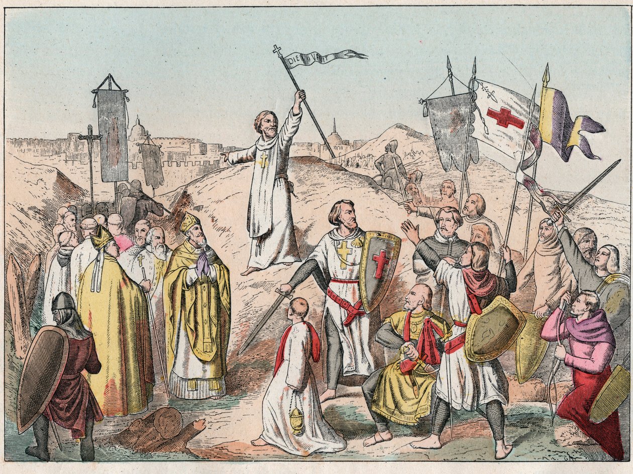 Première Croisade : le siège et la prise de Jérusalem par les croisés dirigés par Godefroy de Bouillon en 1099 - Gravure de la fin du XIXe siècle dans "Nos Gloires Nationales - Images et récits" - French School