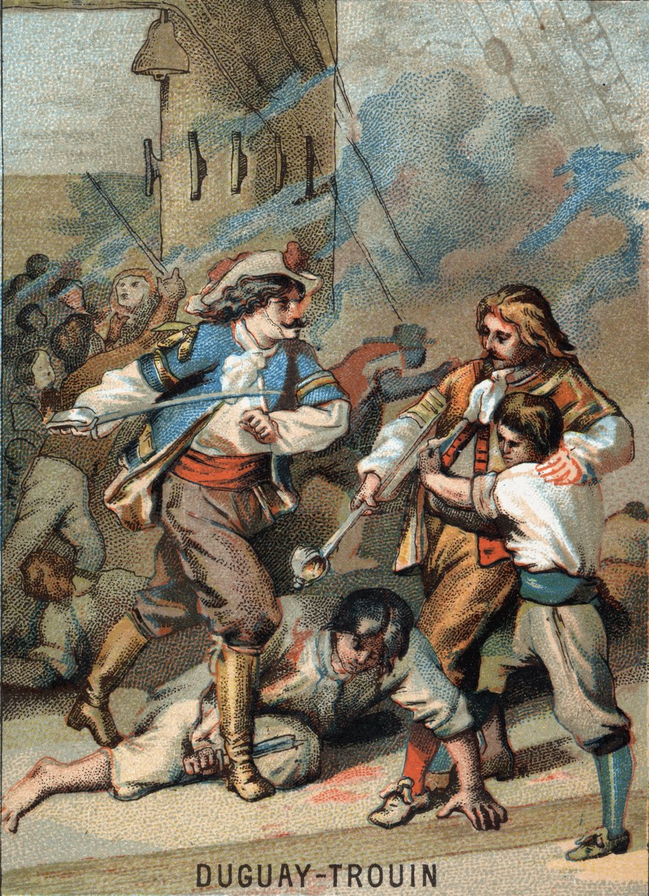 Premier exploit de René Duguay-Trouin (Duguay-Trouin) (René Trouin du Gué dit) (1673-1736), marin français : Duguay-Trouin combattant Wassenaer (1695). Chromolithographie de la série « Éducation patriotique par l