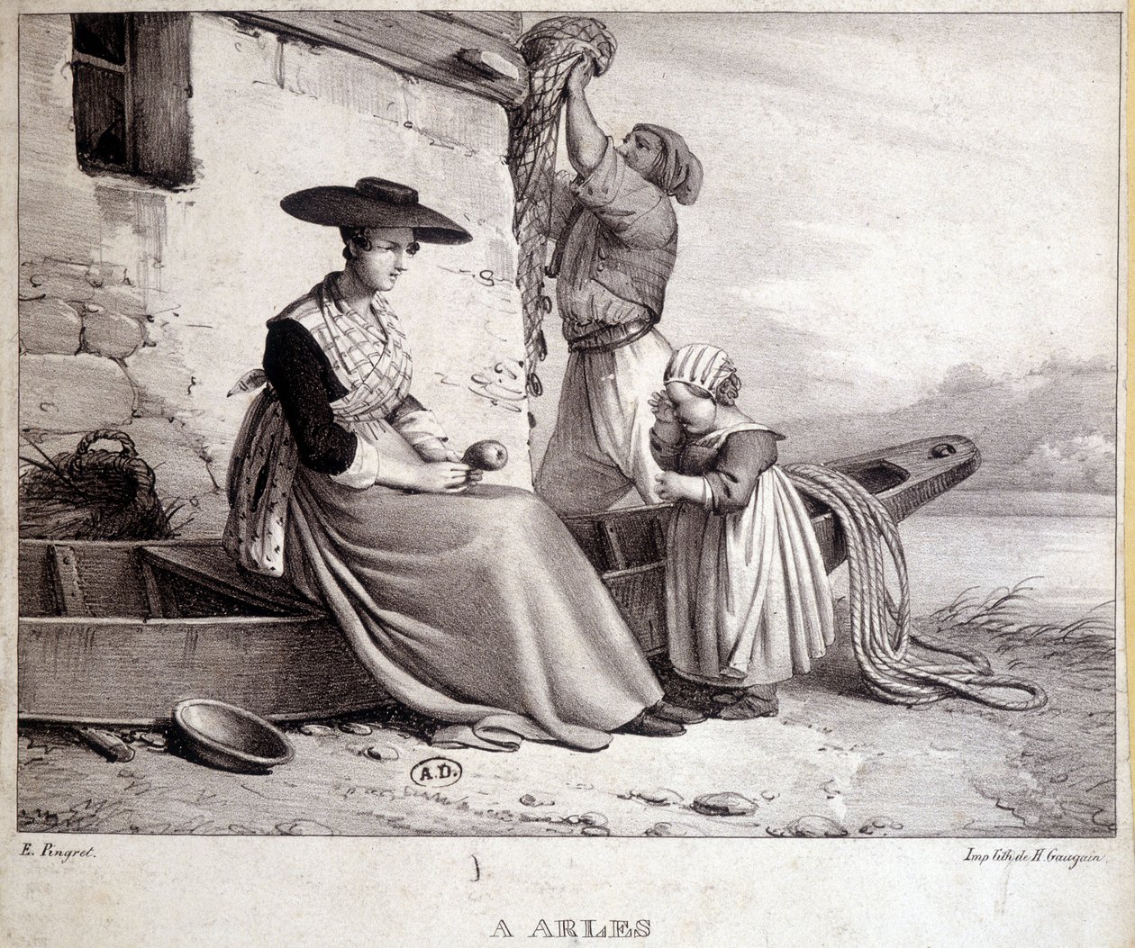 Pêcheur, sa femme en costume régional et leur enfant à Arles - French School