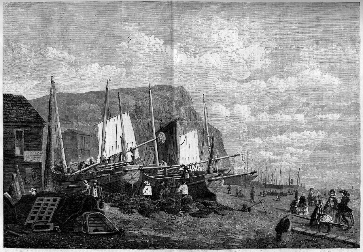 Bateaux de pêche sur la plage de Hastings, Angleterre - French School