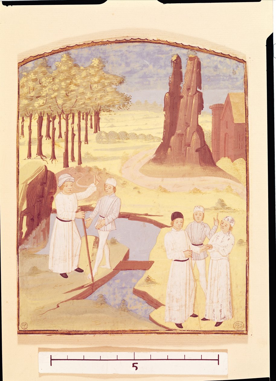 Cinq personnes discutant de la conception de jardins, du Livre des Prouffitz Champestres par Pietro de Crescenzi - French School