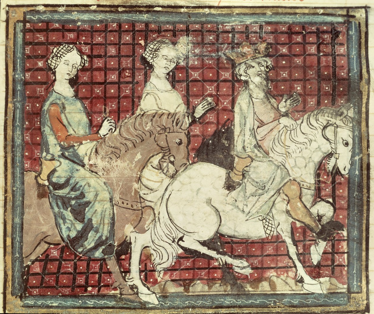 Fol.31r Chilpéric Ier (543-97) et Frédégonde à cheval, des Grandes Chroniques de France, 1375-79 - French School