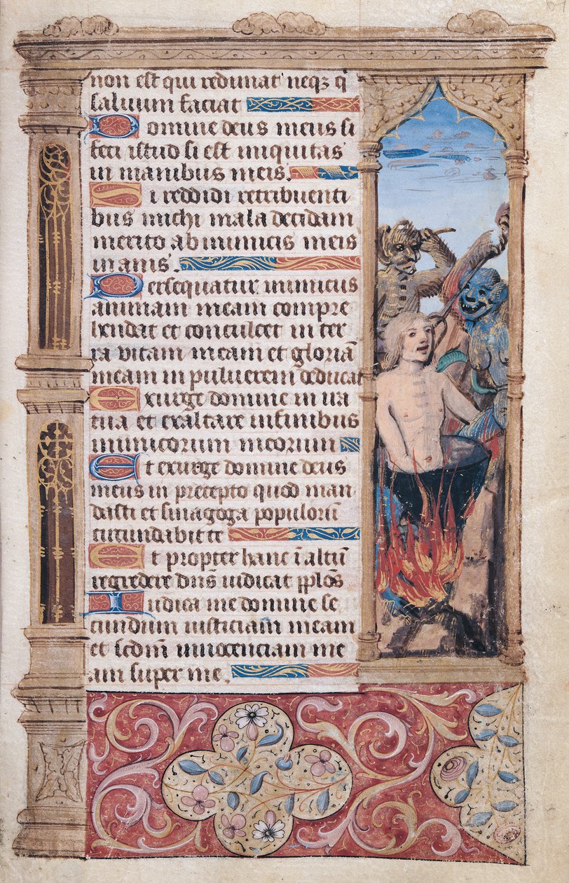 Fol.67r Page de texte avec une bordure détaillant un homme torturé par deux démons, de "Heures de l"Usage de Rome" - French School