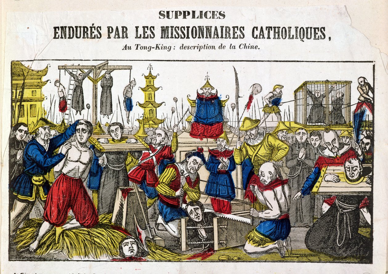 Formes de torture endurées par les missionnaires catholiques à Tonkin, Chine, 1840 - French School
