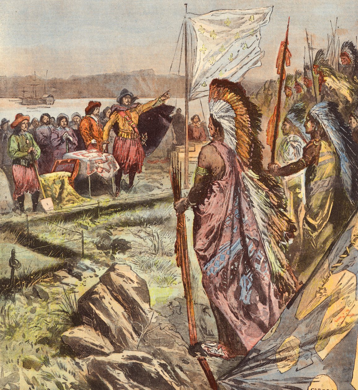 Fondation de la ville de Québec par Samuel de Champlain (lithographie couleur) - French School