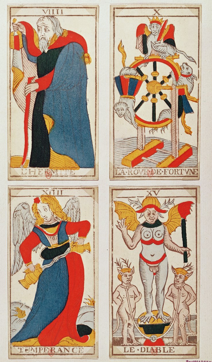 Quatre cartes de tarot représentant l'Hermite, la Roue de la Fortune ...