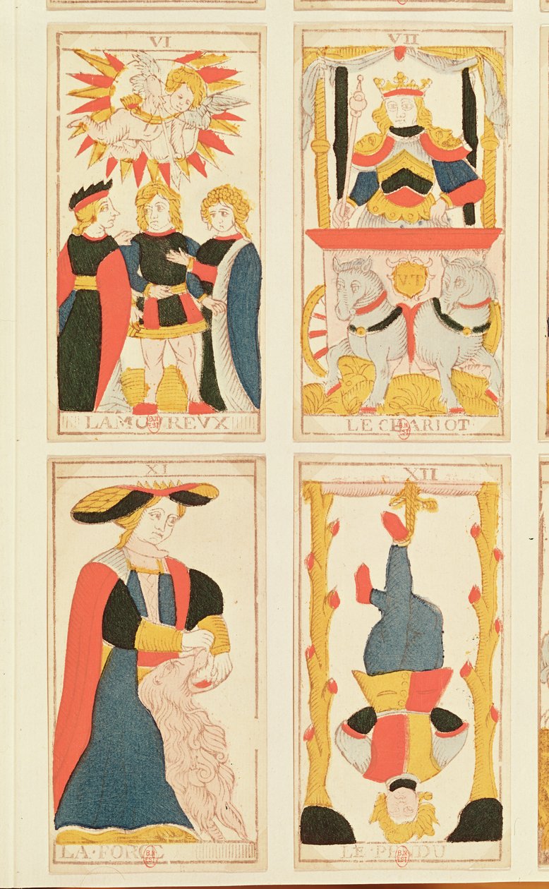 Quatre cartes de tarot représentant les Amoureux, le Chariot, la Force et le Pendu (gravure sur bois en couleur) - French School