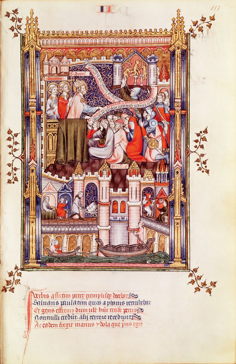 Saint Denis prêchant aux Parisiens qui brisent leurs idoles païennes, de la Vie de Saint Denis, 1317 - French School