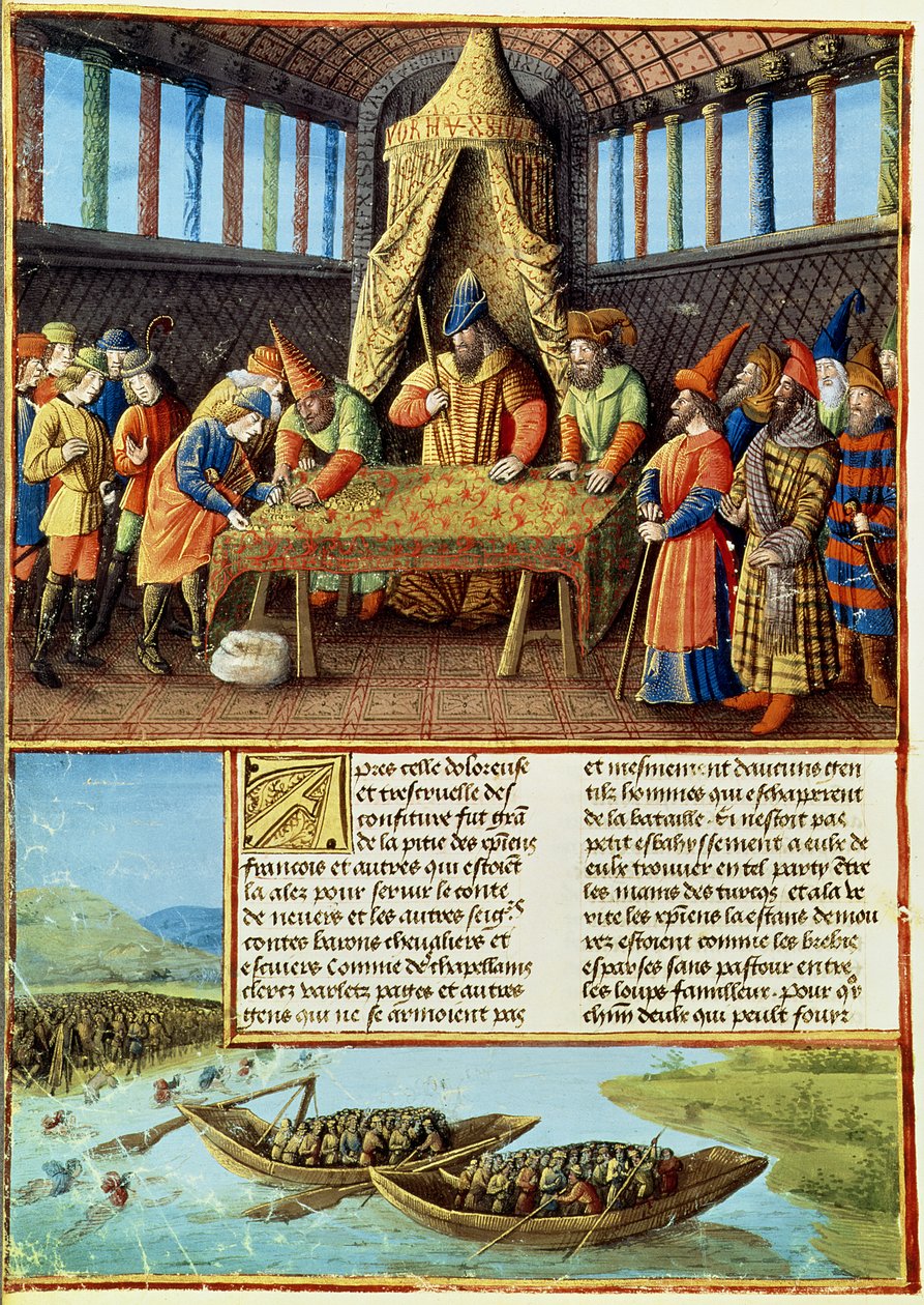 Fr 5594 f.267v Bayezid I recevant la rançon, des Passages faits Outremer écrits par Sébastien Mamerot, vers 1490 - French School