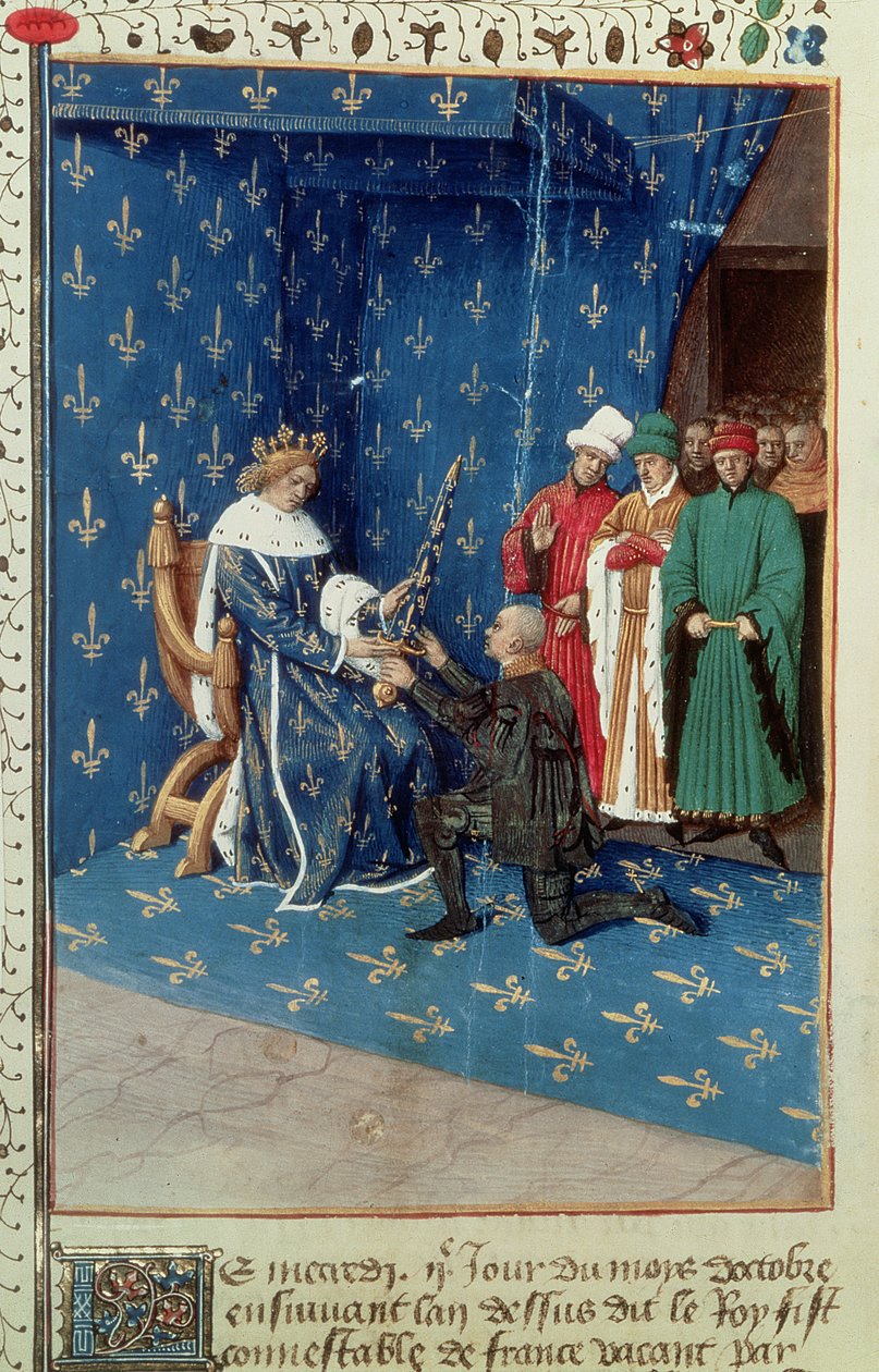 Charles V (1338-80) adoubant le converti Bertrand Duguesclin, octobre 1390 - French School