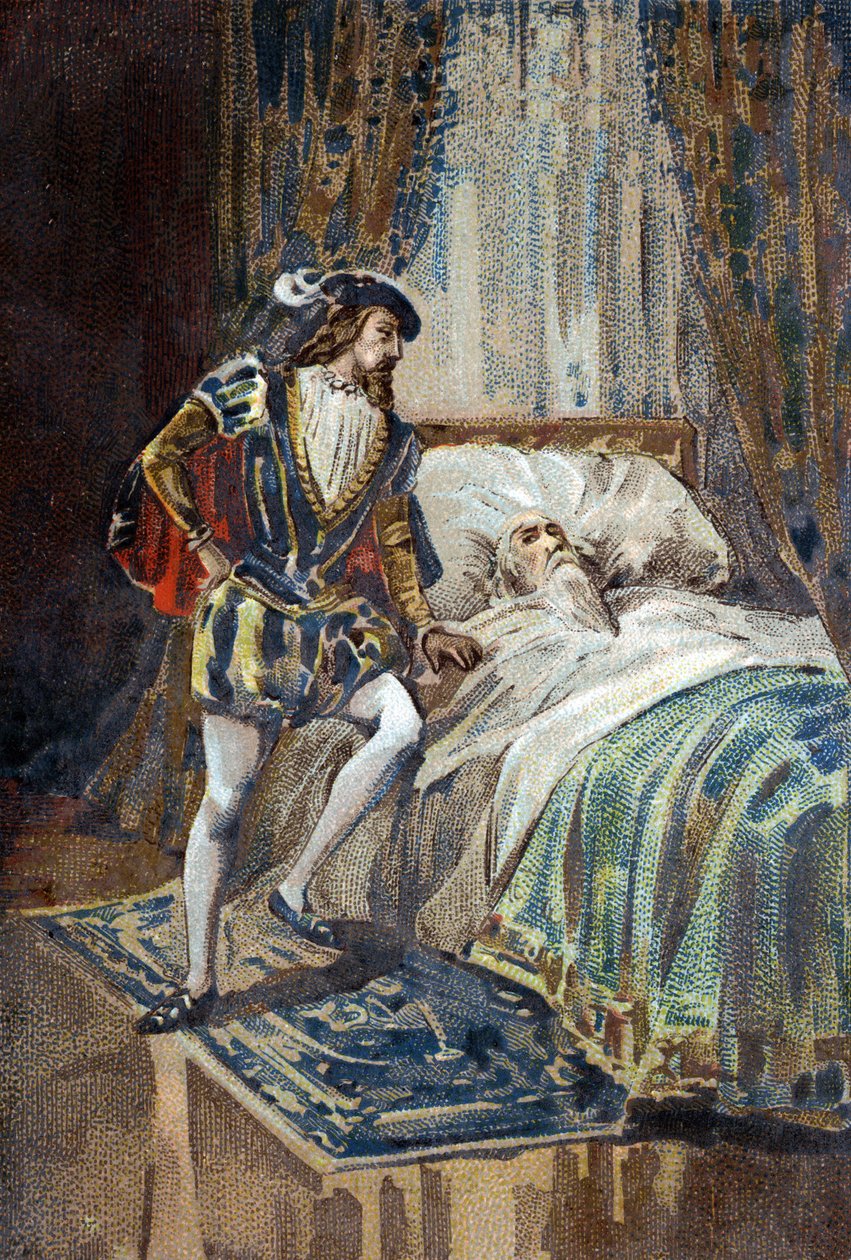 François Ier, roi de France, reçoit les derniers soupirs de Léonard de Vinci (Leonardo da Vinci) à Clos Lucé. Chromolithographie vers 1890 - French School