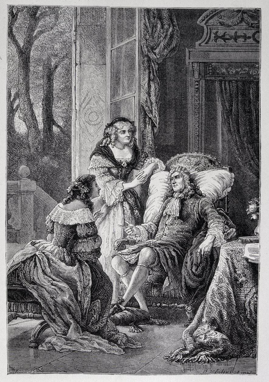 François de La Rochefoucauld (1613-1680) parlant avec Mademoiselle de Sévigné (Marie de Rabutin-Chantal), Marquise de Sévigné dite Madame de Sévigné (1626-1696) et Marie-Madeleine (Marie Madeleine) Pioche de La Vergne, comtesse de Lafayette (Madame de la F - French School