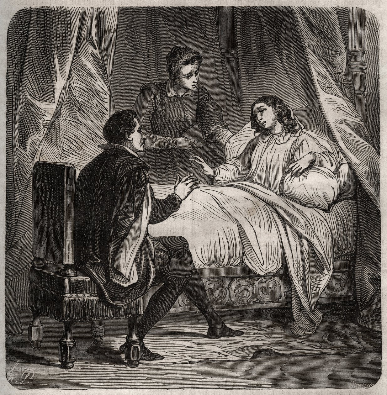 Françoise de Foix, Comtesse de Châteaubriant (vers 1495-1537), malade, reçoit Clément Marot (1496-1544), le valet de François 1er, au lit. Gravure de 1871 dans "Histoire Des Cocus Célèbres" par Henry de Kock - French School