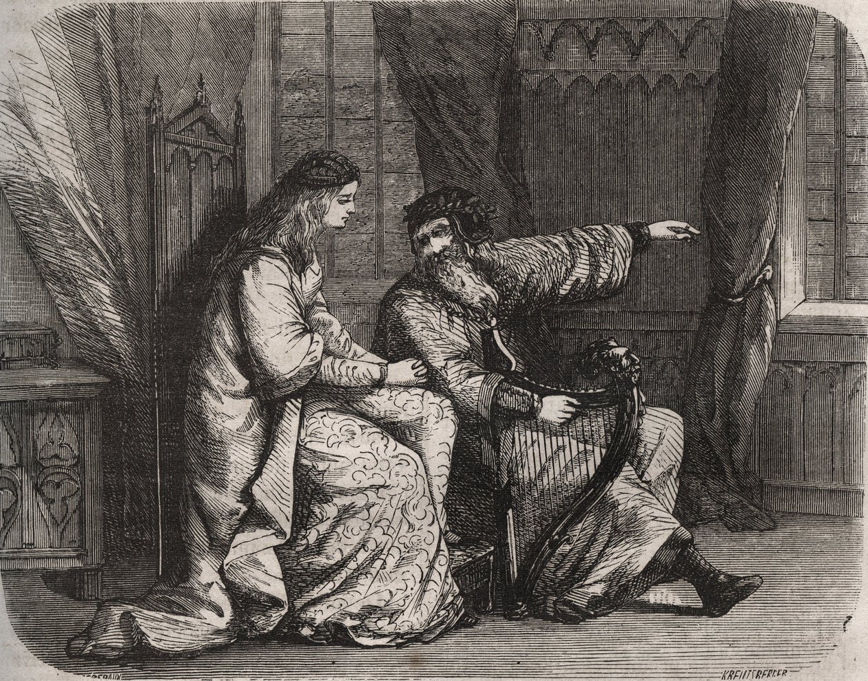 Frédégonde (545-597) confie ses préoccupations au joueur de harpe Barbantini car son amant Chilpéric (alors le roi des Francs Chilpéric Ier (543-597), ne l