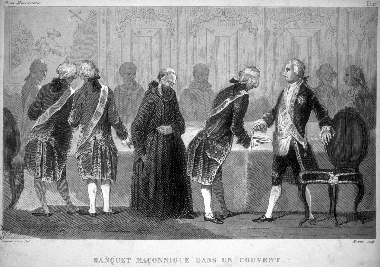 Franc-maçonnerie : banquet maçonnique dans un couvent. Gravure de "Histoire pittoresque de la Franc-Maçonnerie et des Sociétés Secrètes anciennes et modernes" de F.-T. B. Clavel. Pagnerre, éditeur. 1843 - French School