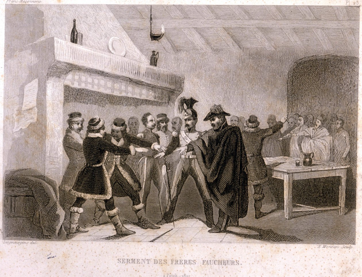 Franc-maçonnerie : le serment des frères faucheurs à Potok en 1821. Gravure de « Histoire pittoresque de la Franc-Maçonnerie et des Sociétés Secrètes anciennes et modernes » par F.-T. B. Clavel. Pagnerre, éditeur. 1843. - French School