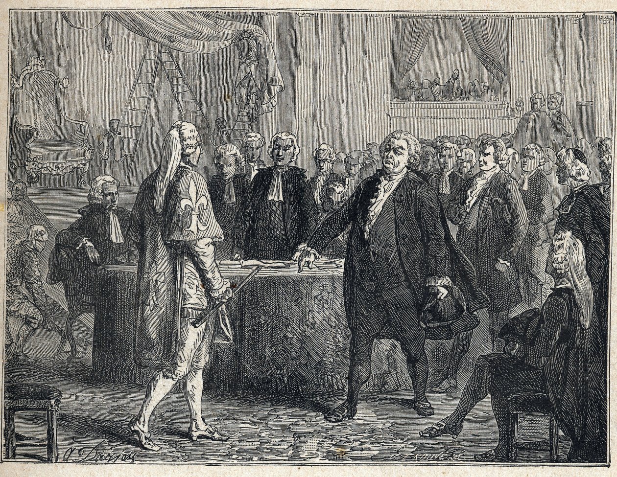 Révolution française - Assemblée générale le 23/06/1789 : Honoré Gabriel Riqueti, comte de Mirabeau (1749-1791) apostrophant Henri Evrard, marquis de Dreux-Brézé (1762-1829). Gravure de 1889. Collection privée. - French School
