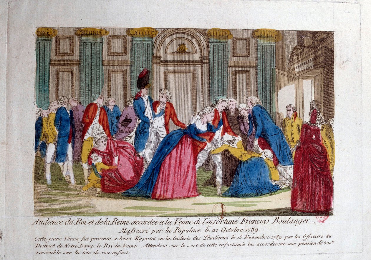 Révolution française : Audience de Louis XVI et Marie-Antoinette le 15/11/1789 accordée à la veuve de François Boulanger massacré par la populace le 21/10/1789. Gravure du 18ème siècle. Paris, Bibliothèque de l
