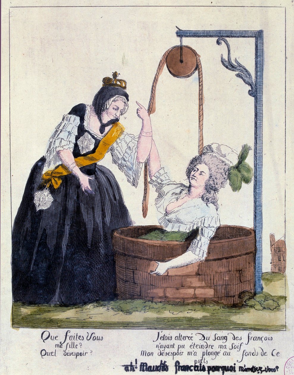Révolution française : caricature contre la reine Marie-Antoinette (1755-1793) tombée au fond d