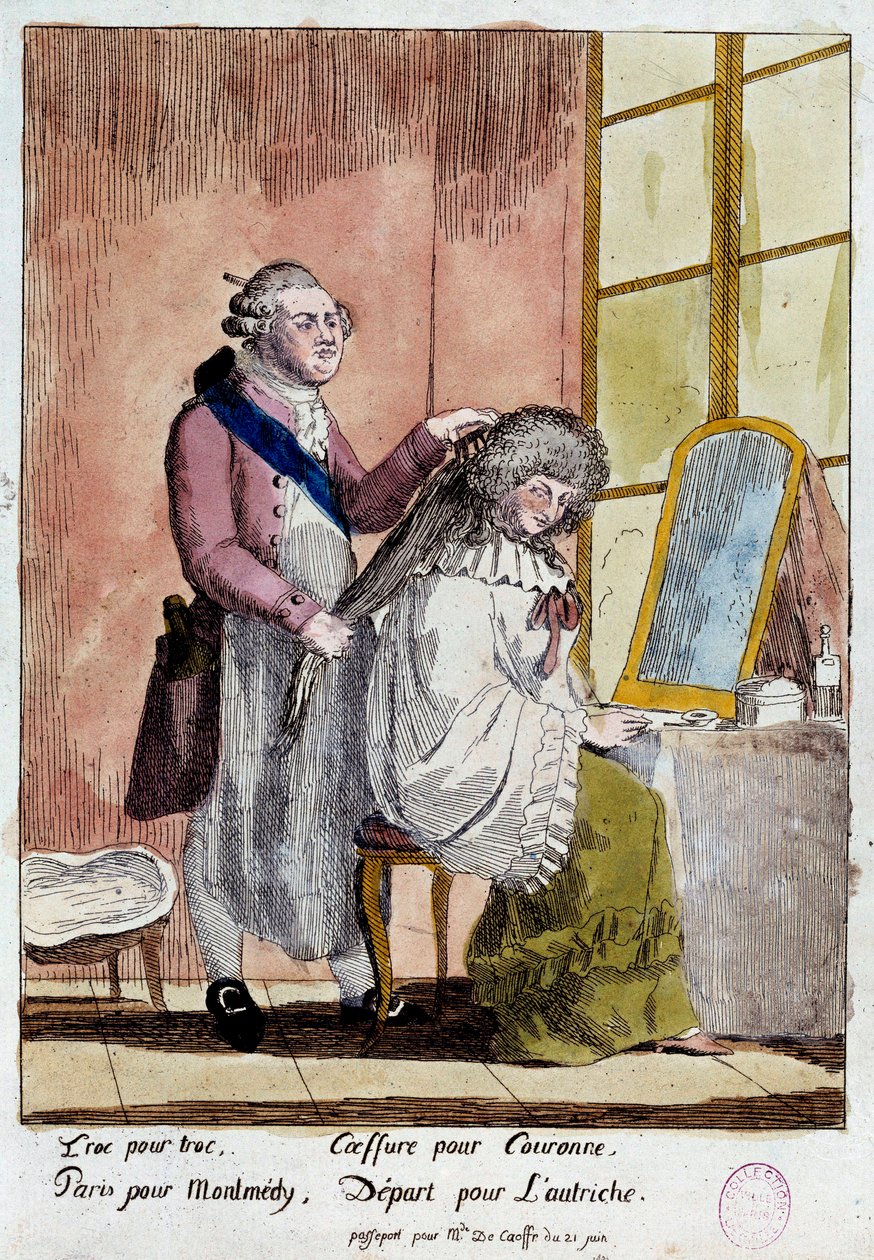 Révolution française : Caricature sur la fuite de la famille royale à Varennes les 20 et 21/06/1791 : le roi Louis XVI coiffant la reine Marie-Antoinette devait partir avec le faux passeport de gouvernante des enfants de la baronne de Korff. Anonyme en cou - French School