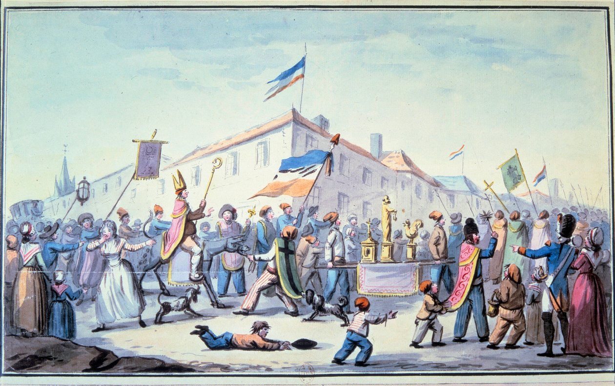 Révolution française : mascarade formée du peuple habillé en vêtements sacerdotaux. Aquarelle anonyme. 1793. Paris, Bibliothèque de l